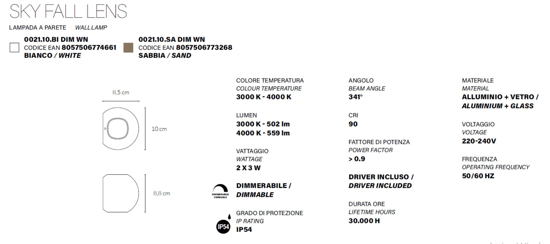 Applique led sfera bianca biemissione 3w 3000k 4000k dimmerabile vivida sky fall