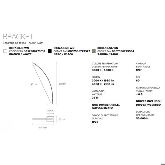 Vivida bracket lampada ad arco nera led 33w 3000k 4000k