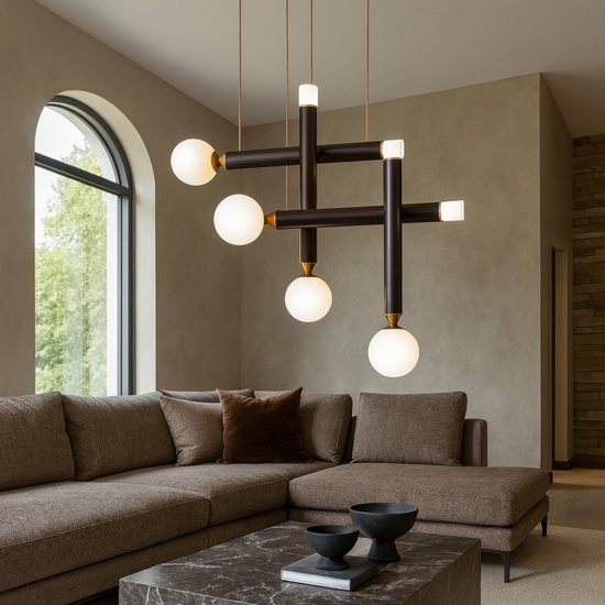 Lampadario a led vivida seventy marrone sfere vetro bianco led 3000k