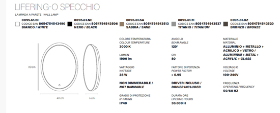 Vivida lifering-o titanio specchio ovale moderno led 28w 3000k