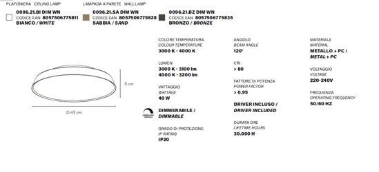 Vivida pinco plafoniera per cucina rotonda bianca led 40w 3000k 4000k dimmerabile
