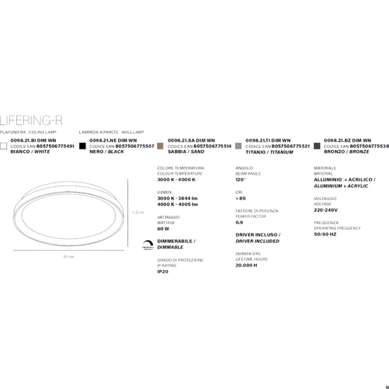 Plafoniera bianca rotonda 60cm led 60w 3000k 4000k vivida lifering-r