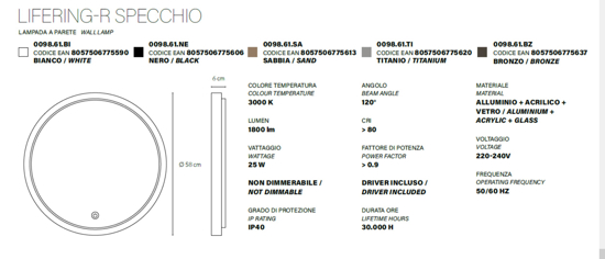 Specchio rotondo da parete vivida lifering bianco touch led
