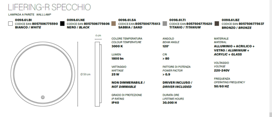 Specchio ovale vivida lifering bronzo led touch 25w 3000k