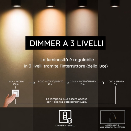 Applique da comodino nero orientabile led dimmerabile con usb