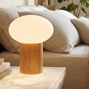 Lampada da comodino di legno sfera in vetro bianco moderna