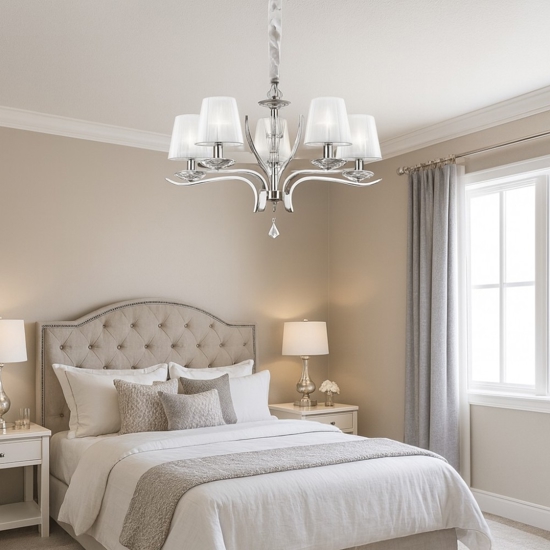 Pegaso sp5 ideal lux lampadario 5 luci cromo paralumi organza stanza da letto