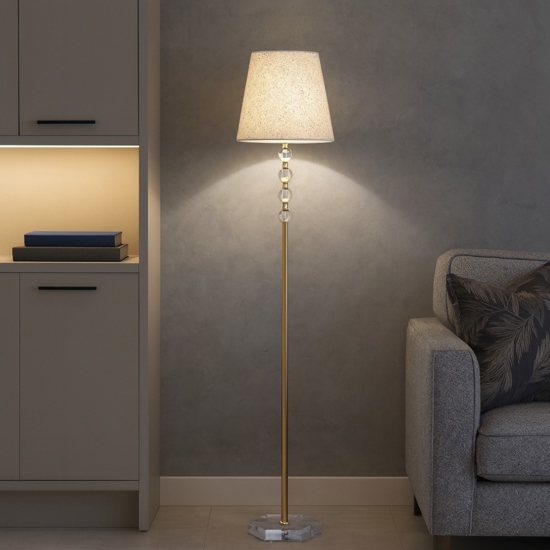 Queen pt1 ideal lux piantana classica paralume tessuto glitter oro inserti di cristallo
