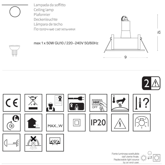 Funky fi alluminio ideal lux faretto quadrato da incasso per controsoffitto