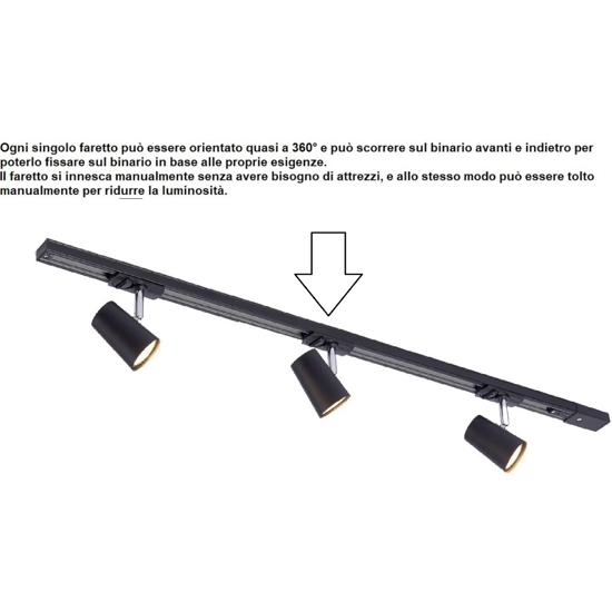 Plafoniera a binario nero 3 spot led orientabili monofase fp
