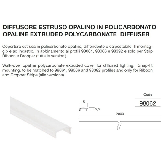 Diffusore 98062 in polciarbonato opale per profilo alluminio ll 98061