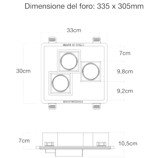 Faretto da incasso 3 luci gx53 led quadrati in gesso da soffitto