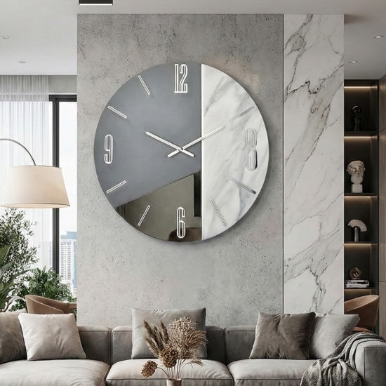 Orologio design moderno 80cm resina effetto marmo-vetro-legno