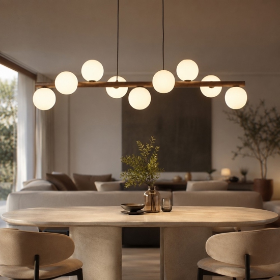 Lampadario moderno di legno per soggiorno sfere vetro bianco