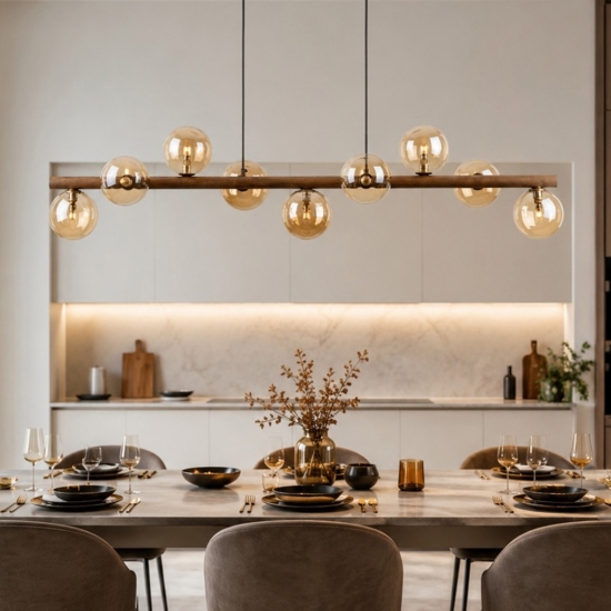 Lampadario a sospensione in legno stile nordico sfere in vetro ambra per soggiorno