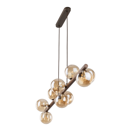 Lampadario a sospensione in legno stile nordico sfere in vetro ambra per soggiorno