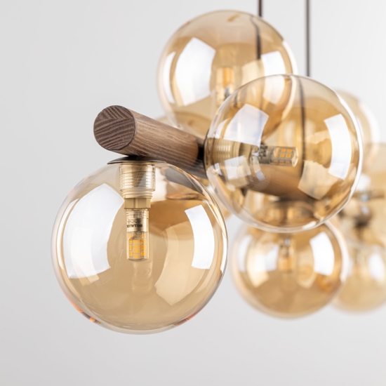 Lampadario a sospensione in legno stile nordico sfere in vetro ambra per soggiorno