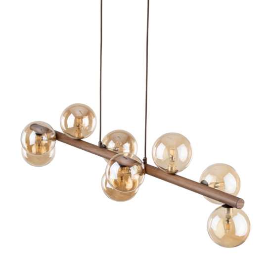 Lampadario a sospensione in legno stile nordico sfere in vetro ambra per soggiorno