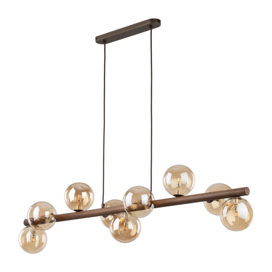 Lampadario a sospensione in legno stile nordico sfere in vetro ambra per soggiorno