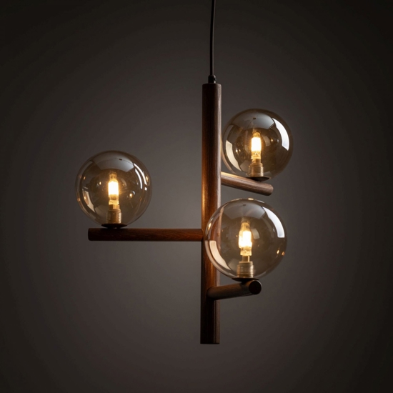 Lampadario stile nordico per cucina in legno noce sfere di vetro ambra