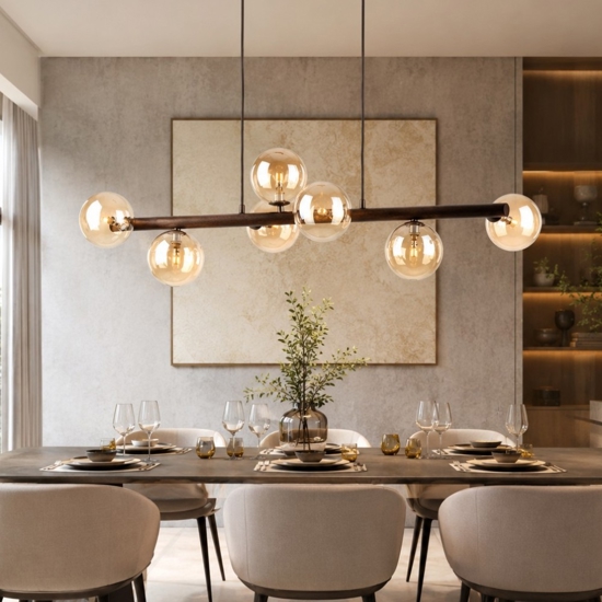 Lampadario orizzontale barra in legno noce per cucina sfere di vetro ambra
