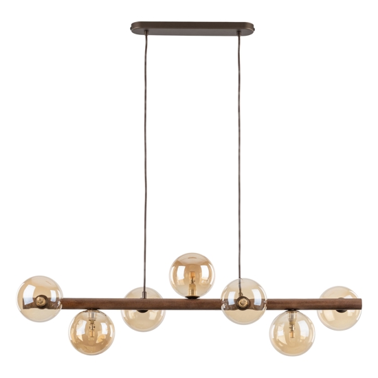Lampadario orizzontale barra in legno noce per cucina sfere di vetro ambra