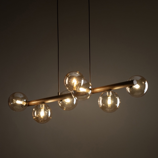 Lampadario orizzontale barra in legno noce per cucina sfere di vetro ambra