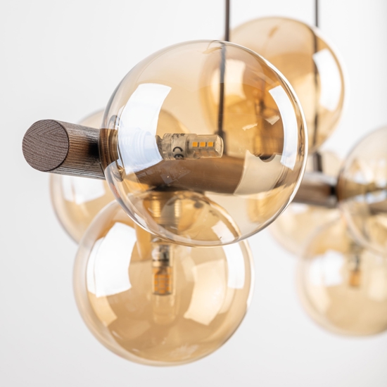Lampadario orizzontale barra in legno noce per cucina sfere di vetro ambra
