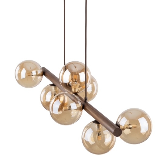 Lampadario orizzontale barra in legno noce per cucina sfere di vetro ambra