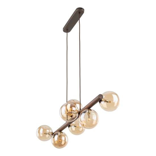 Lampadario orizzontale barra in legno noce per cucina sfere di vetro ambra