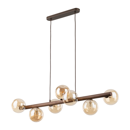 Lampadario orizzontale barra in legno noce per cucina sfere di vetro ambra