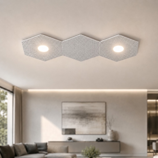 Plafoniera led 2 luci con placca decoro foglia argento top light hexagon