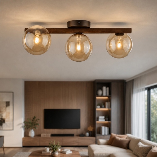 Plafoniera da soffitto in legno stile nordico sfere di vetro ambra per cucina