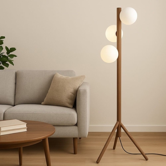 Lampada da terra di legno noce stile scandinavo sfere vetro bianco