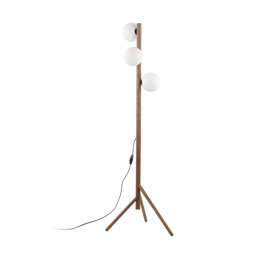 Lampada da terra di legno noce stile scandinavo sfere vetro bianco