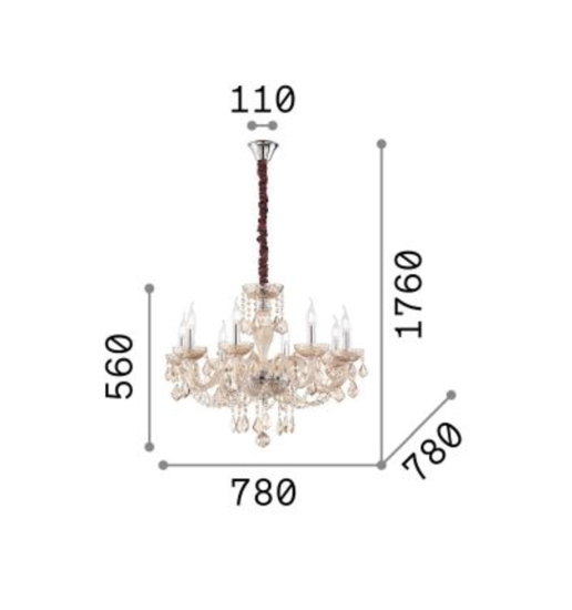 Rose sp8 ideal lux lampadario 8 bracci in vetro ambrato a goccia