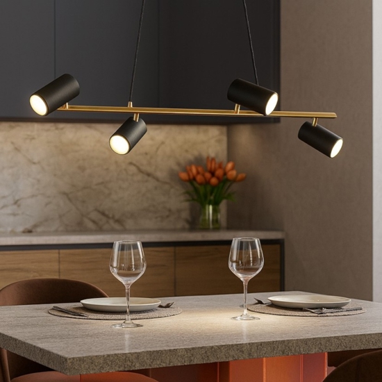 Lampadario per tavolo cucina 4 luci orientabili oro nero