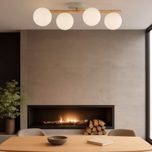 Plafoniera di legno pino sfere vetro bianco per cucina