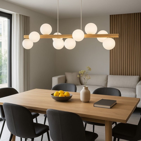 Lampadario di legno sfere in vetro per soggiorno moderno