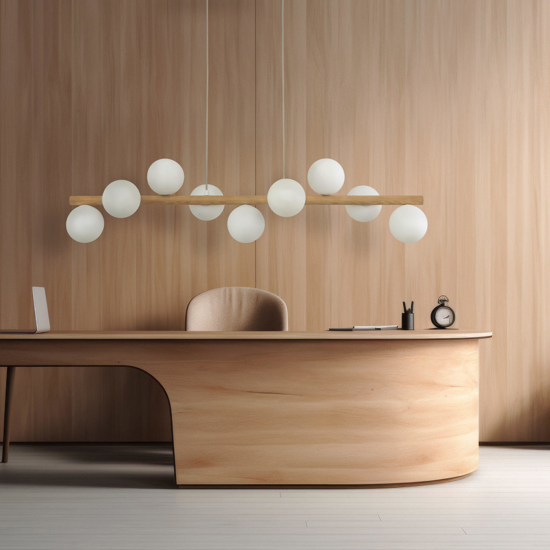 Lampadario di legno sfere in vetro per soggiorno moderno