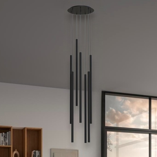 Lampadario a cascata 7 luci nero cilindri pendenti per soggiorno