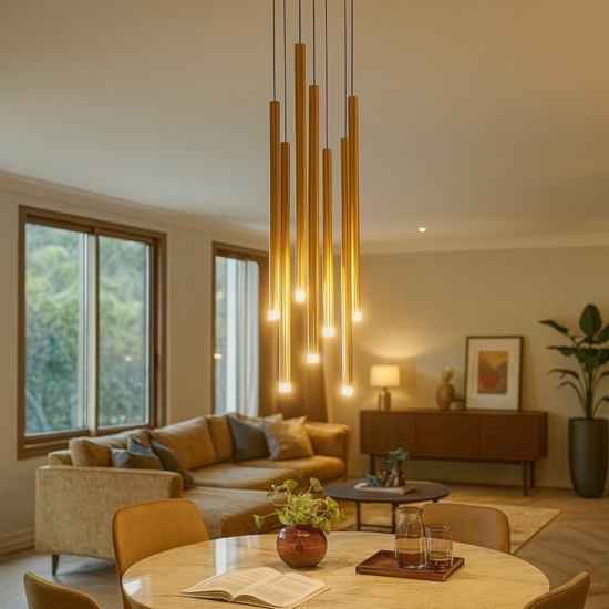 Lampadario moderno a cascata 7 luci cilindri oro per soggiorno