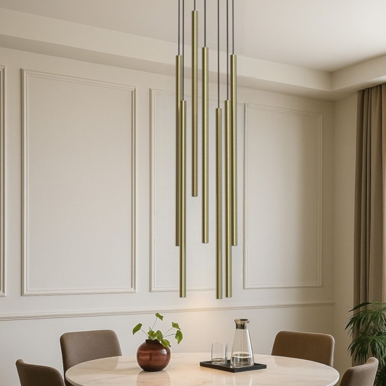 Lampadario moderno a cascata 7 luci cilindri oro per soggiorno