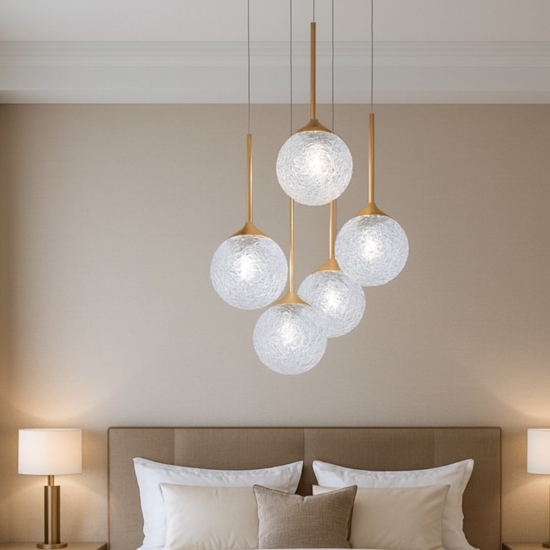 Lampadario elegante pendenti a grappolo oro vetri trasparenti