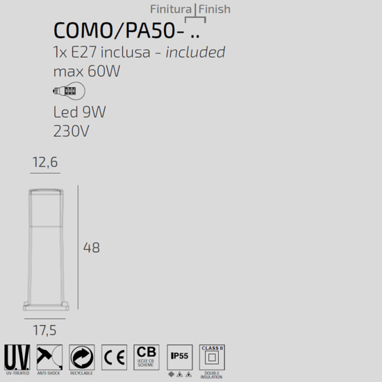 Lampione da giardino moderno nero top light como ip55
