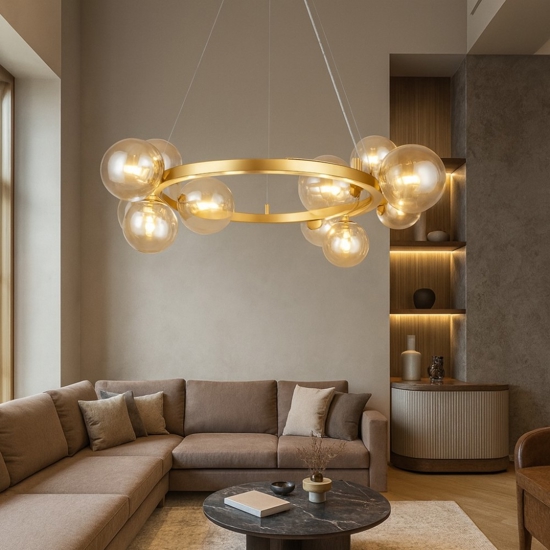 Maytoni dallas lampadario per soggiorno moderno dorato sfere vetro ambra