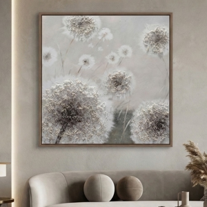 Quadro fiori denti di leone 102x102 dipinto a mano a rilievo con cornice
