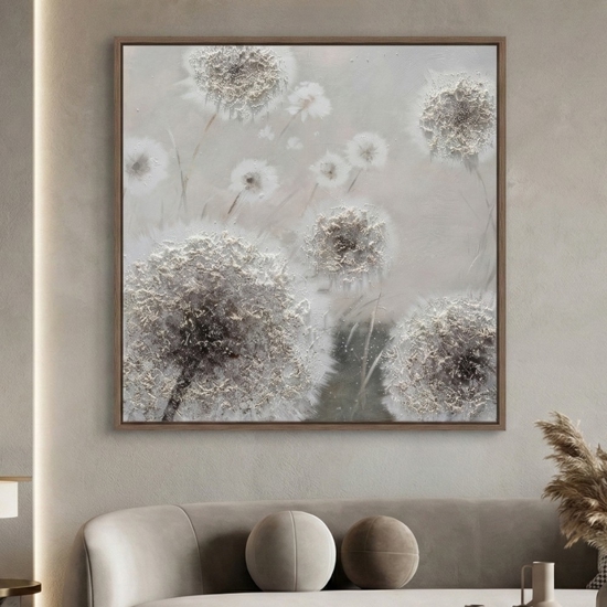 Quadro fiori denti di leone 102x102 dipinto a mano a rilievo con cornice