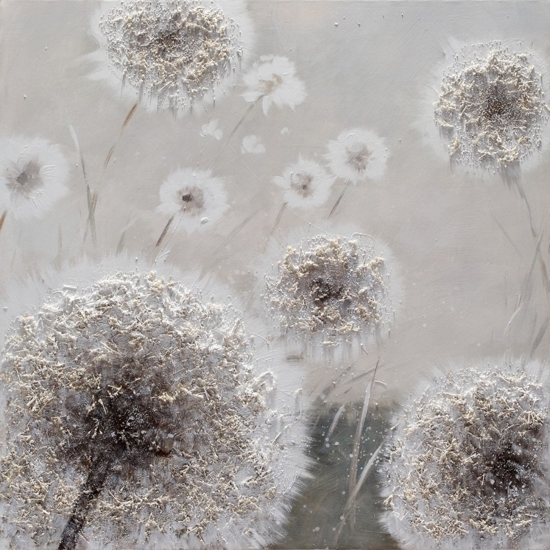 Quadro fiori denti di leone 102x102 dipinto a mano a rilievo con cornice