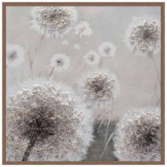 Quadro fiori denti di leone 102x102 dipinto a mano a rilievo con cornice